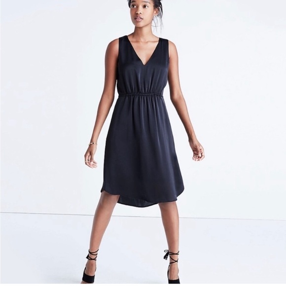 Madewell Dresses & Skirts - NWT Madewell nightout black silk satin midi dress v neck elastic waist 0